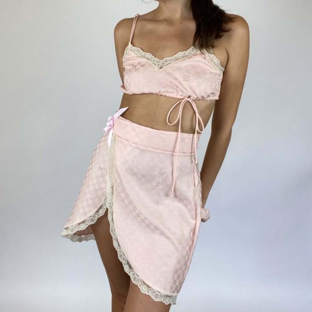 Vintage Givenchy Pink Lace Skirt Crop Top Set Boho